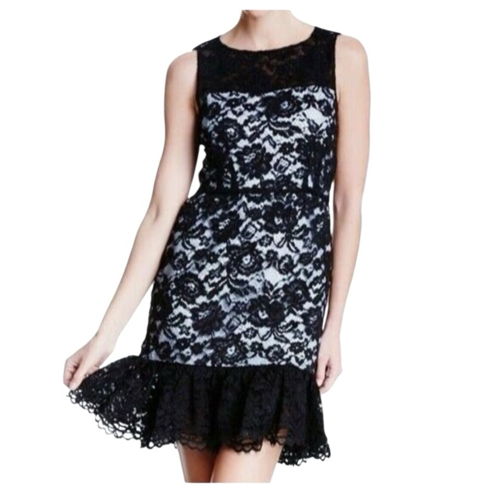 NWT Jill Stuart Black & Baby Blue Lace Ruffle Hem Sleeveless Party Mini Dress